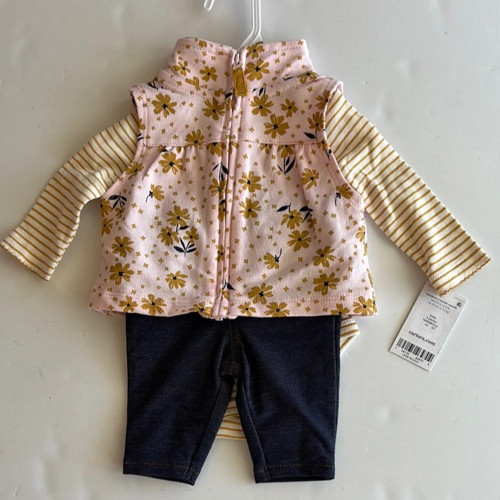 Carter’s Pink and Tan Floral Vest Striped Bodysuit and Pant Set - Picture 3 of 16